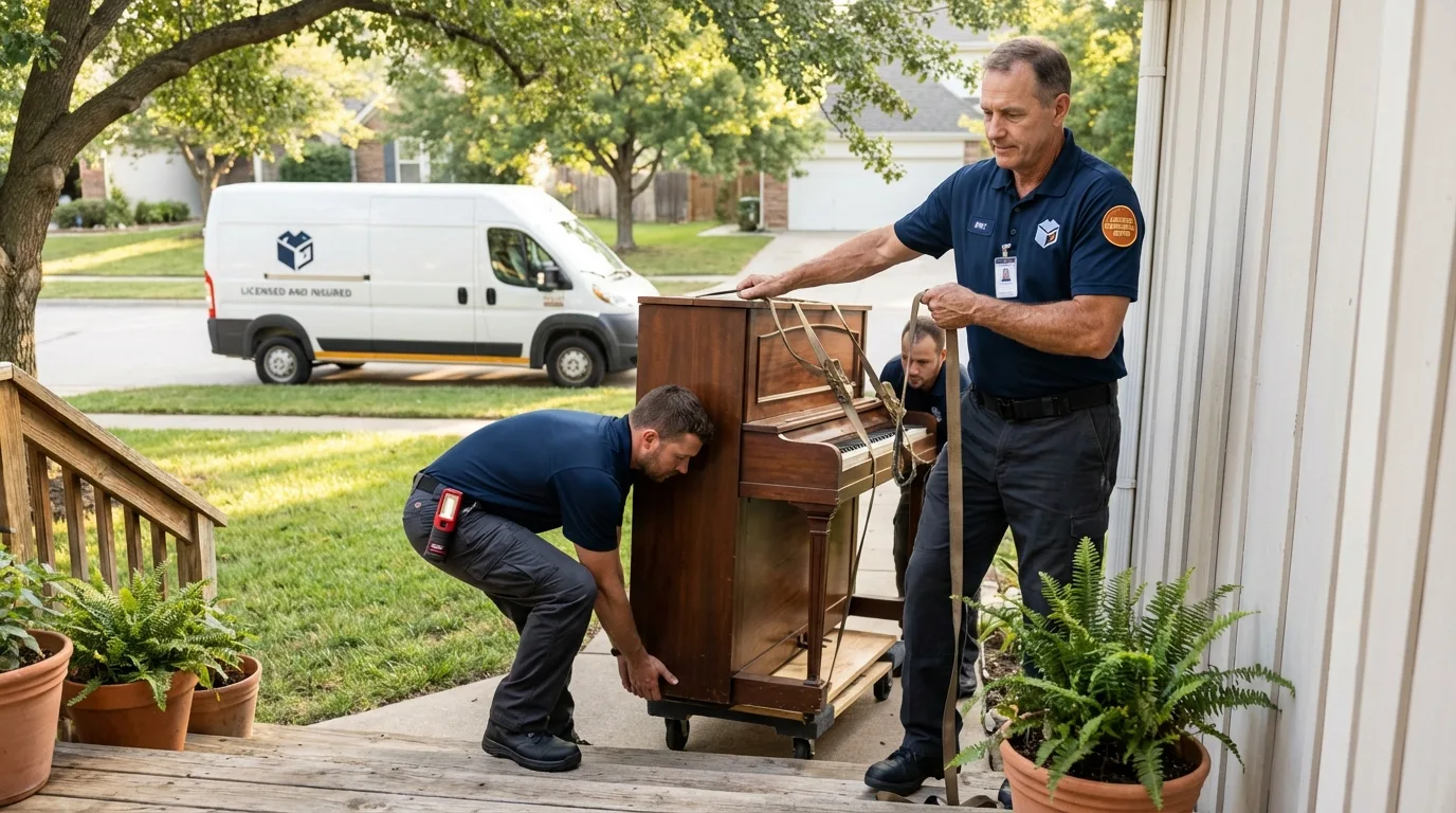 Licensed piano movers securing grand piano in Norwood, PA
