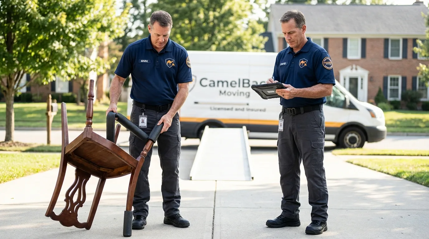 Movers inspecting furniture for damage prevention before loading in Norwood, PA