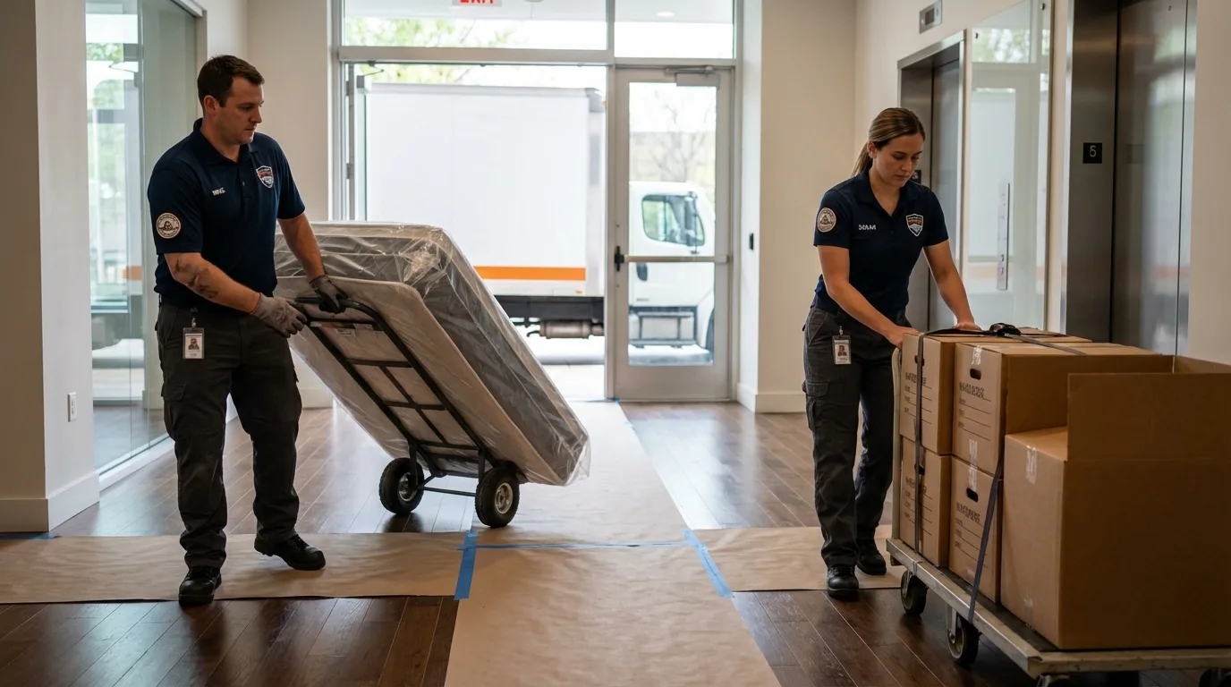 Professional apartment movers loading elevator in Norwood, PA